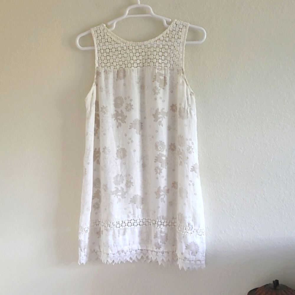 Linen & Lace White & Taupe Floral Mini Dress. Size Large. Lagenlook.